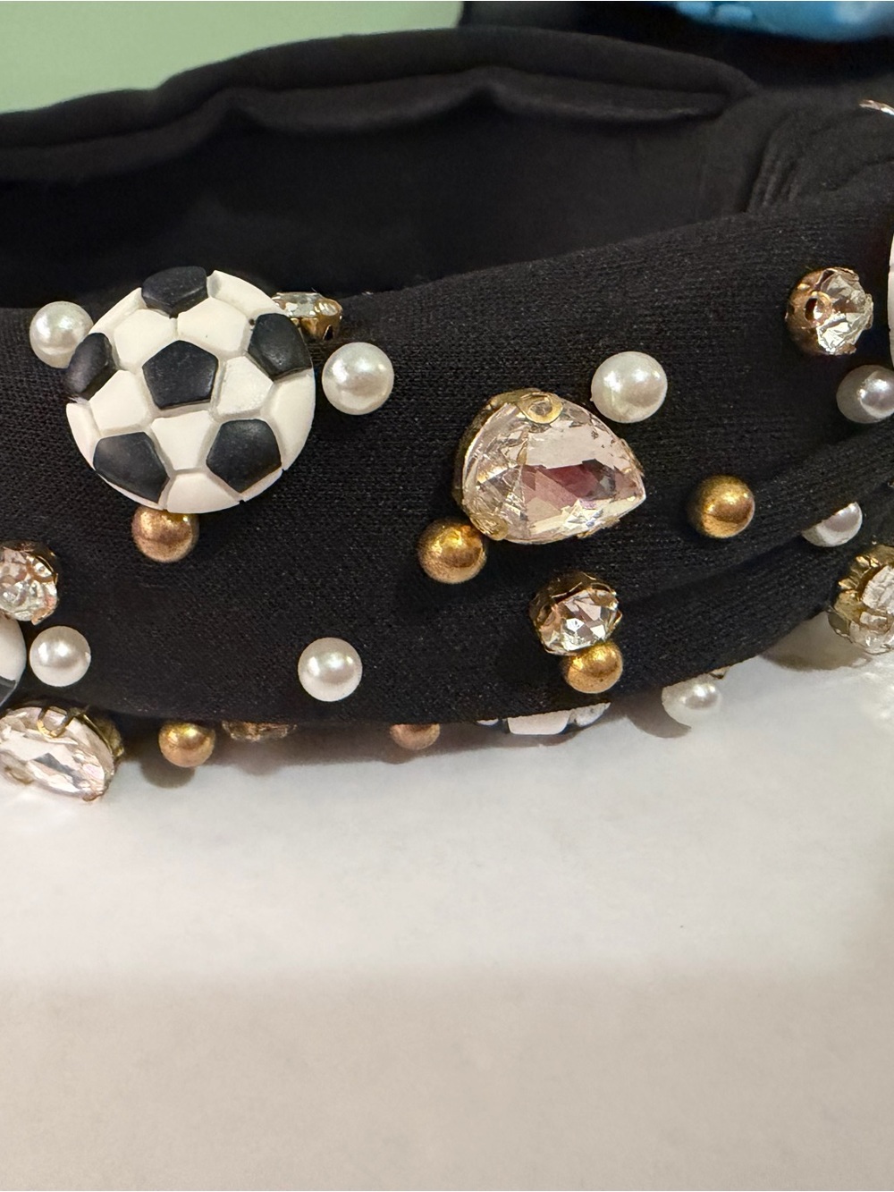 Embellished Black Soccer Headband with Pearls & Crystals